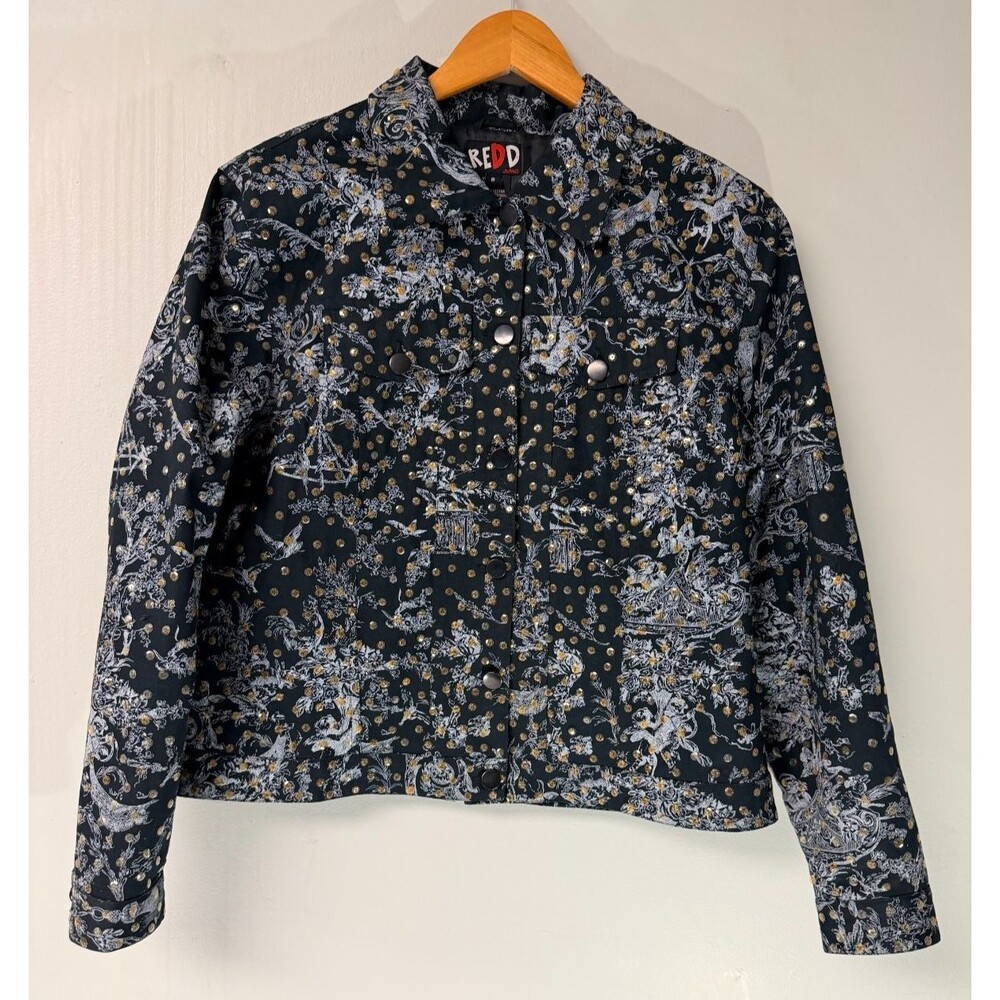 Women's REDD Jeans Floral Print Snap Front Jacket Black White Gold Size 8